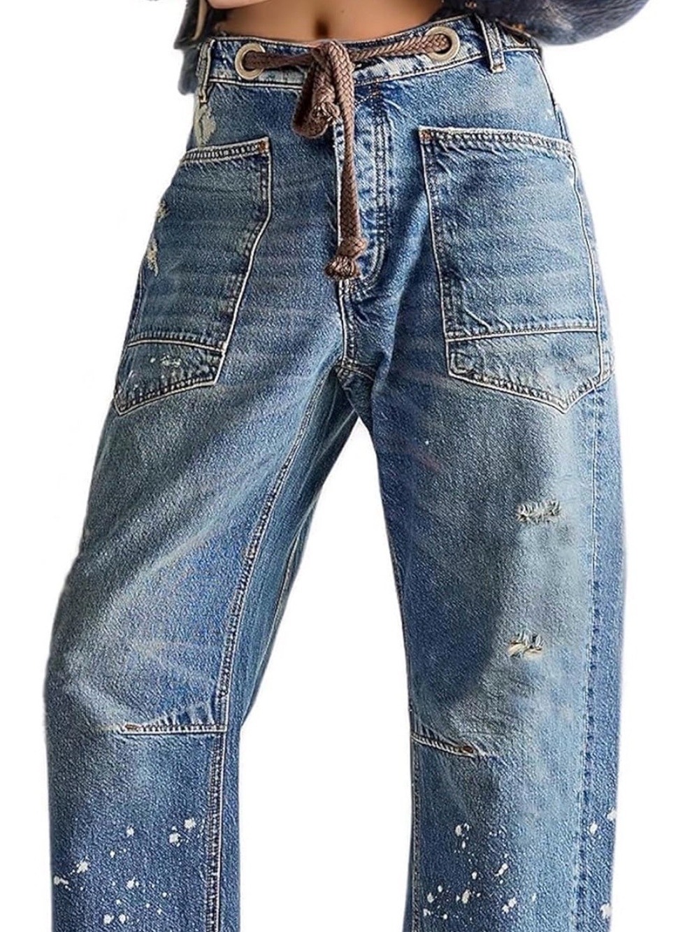 Women’s Mid-Rise Distressed Barrel Jeans Boho Boyfriend Jeans Sz L 10 / 12
